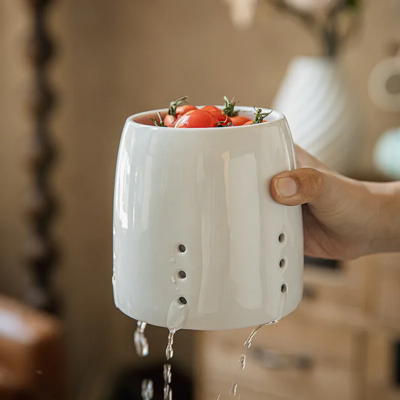 Utensil Holder, Vintage Farmhouse Ceramic Kitchen Utensil Holder for Countertop Pen Holder Strawberry Fruit Drain Bowl