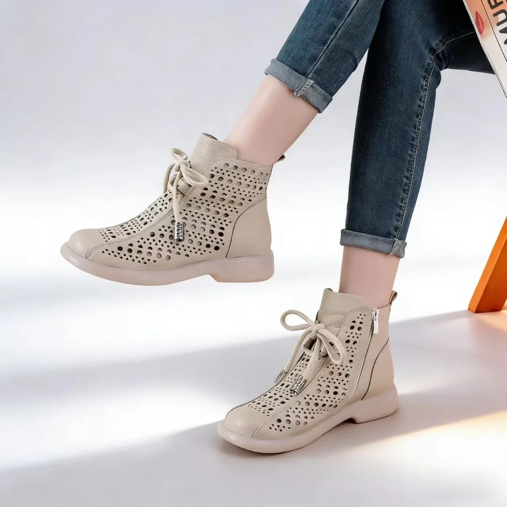 Sommer-Stiefeletten für Damen, atmungsaktiv, aus echtem Leder, flache Schuhe mit Reißverschluss, Sommer-Stiefeletten, lässig, für den täglichen Gebrauch, D912