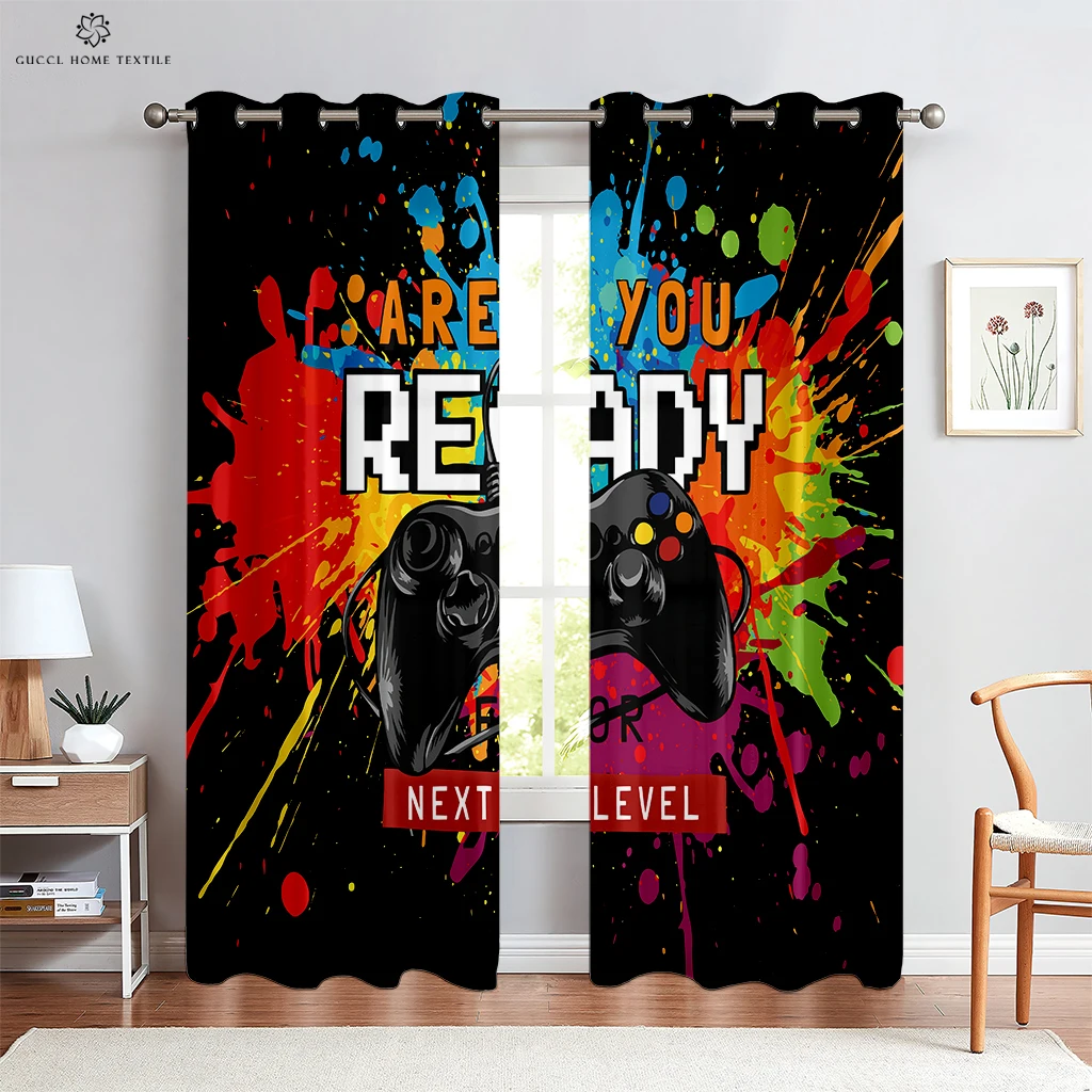 Colorful Watercolor Game Handle Printing Curtains for Children, E-Sports Room, Living Room, Study, 2Pcs