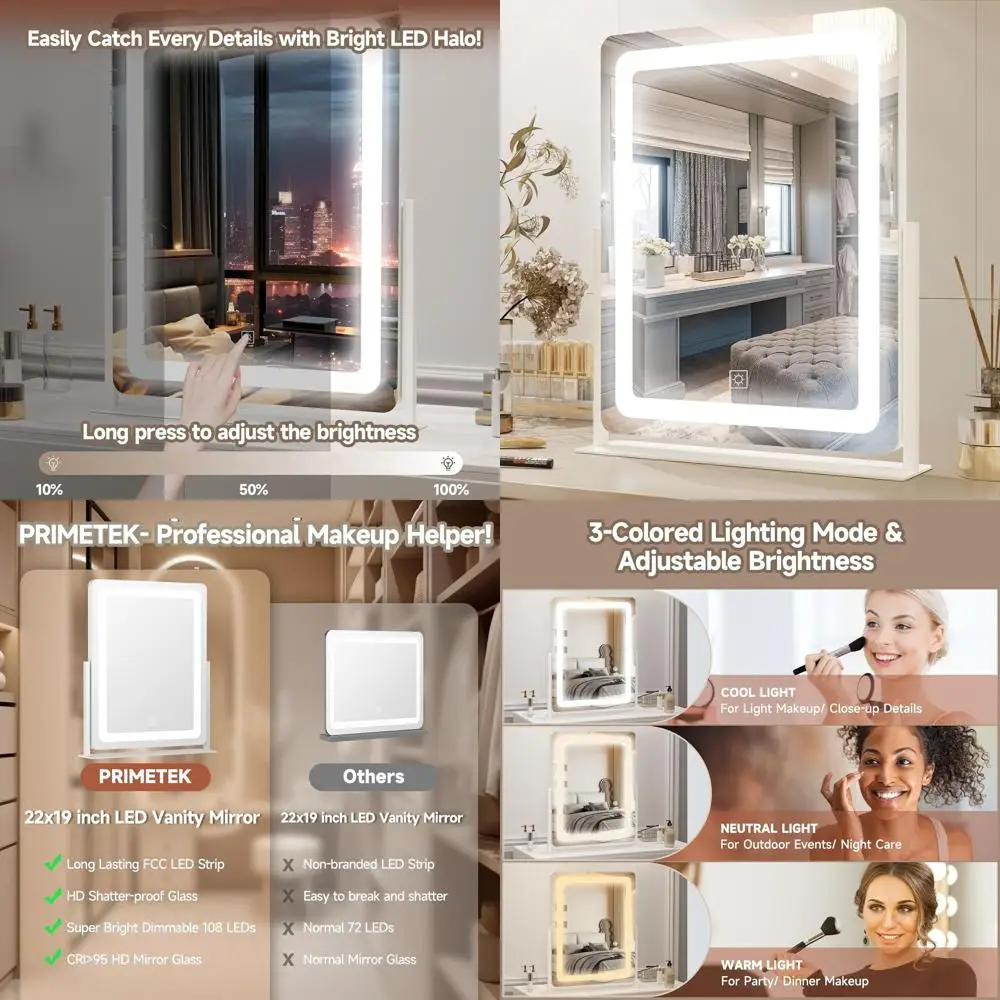 Miroir de courtoisie 19x22 éclairé par LED, lumière 3 couleurs à écran tactile, miroir de maquillage à intensité variable pour bureau ou chambre à coucher, blanc