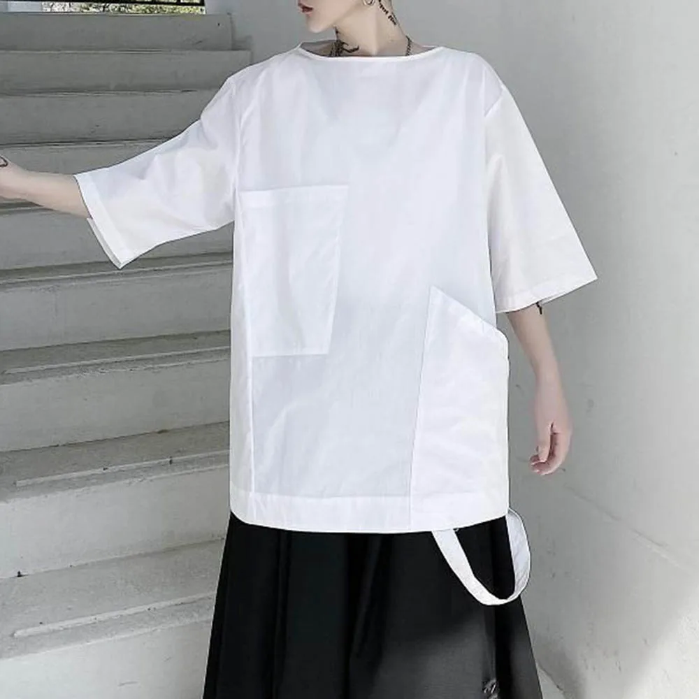 

XS-5XL Men T-Shirt Asymmetrical Large Pocket Tshirt Summer Streetwear Fashion Youth Campus Niche Short-Sleeve Top Men'S Clothing