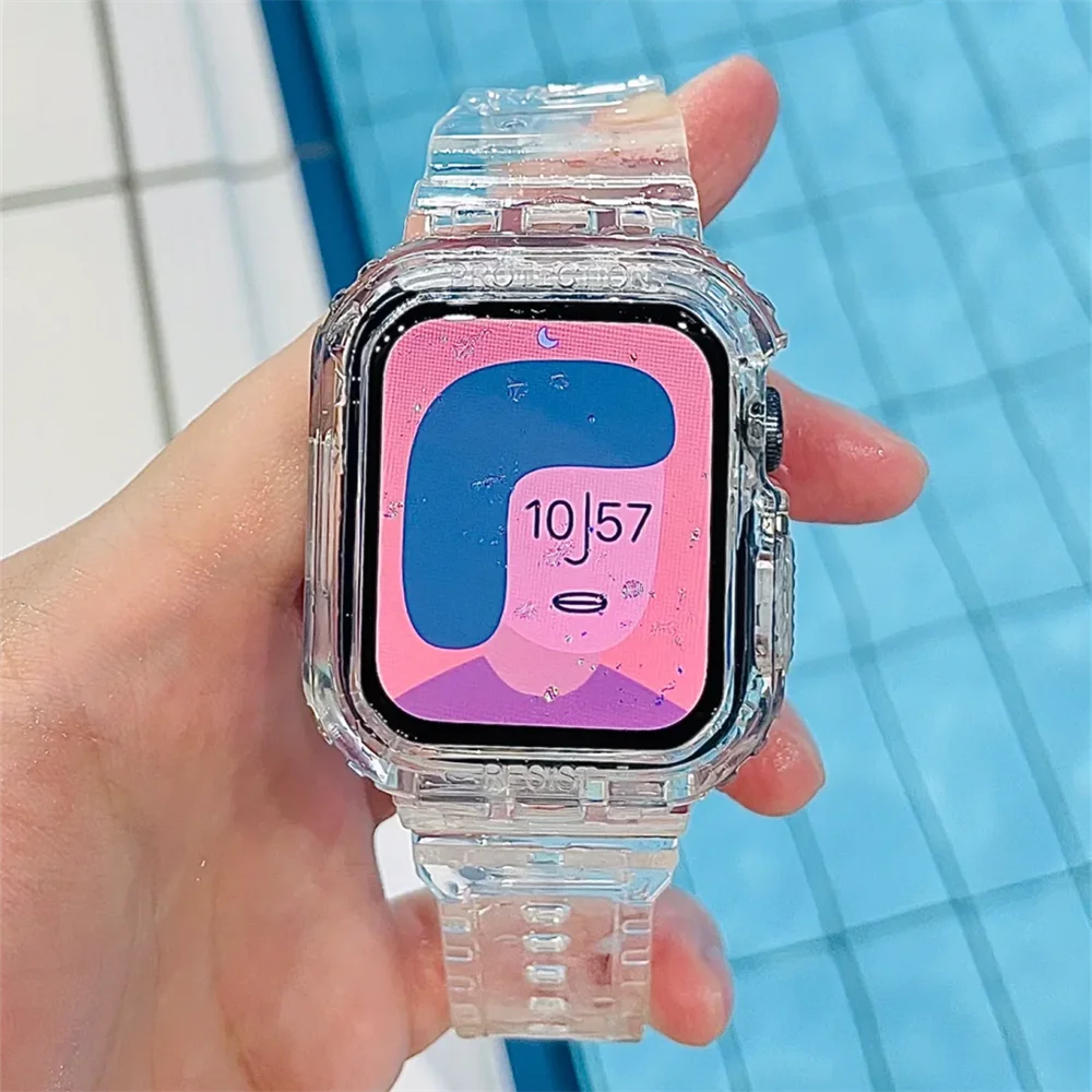 INS 2-in-1 Glacier Soft Clear Band+Case  For Apple Watch 45mm 41 40 44 42 38mm Lovely Summer Sports Strap For Series 9 8 7 6 5