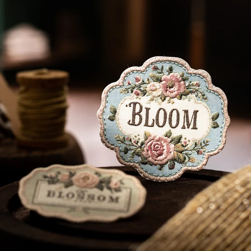 20 Pcs/Pack Blooming Embroidery Words Series Embossed Label Stickers, Floral Embroidery Themed DIY Journal Decor Supplies