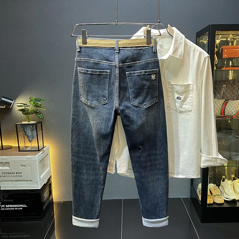 Hoge Kwaliteit Lichte Luxe Jeans Heren Mode Borduurwerk Micro Losse Elastische Nauwsluitende Enkel Gebonden Casual 2024 Nieuwe Lange Broek