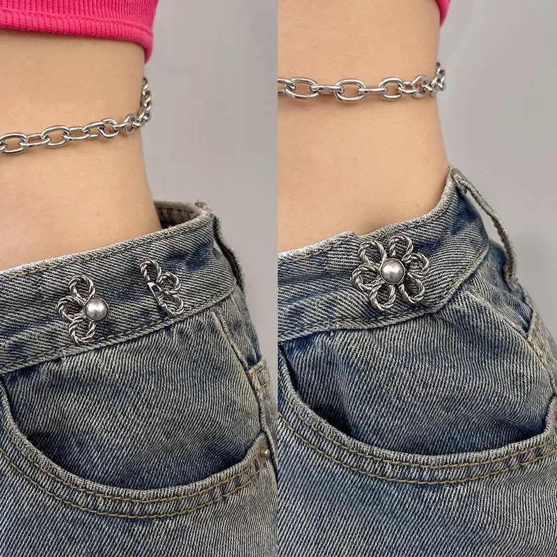 1-4Pairs Adjustable Jeans Waist Buckles Metal Pearl Flower Buttons Women Trouser Pants Wide-to-narrow Size Change Tighten Buckle