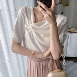 All-match Youth White Pleated Shirt Tops Summer New Trend Short Sleeve Solid Color Elegant Blouse Fashion Korean Women Clothing