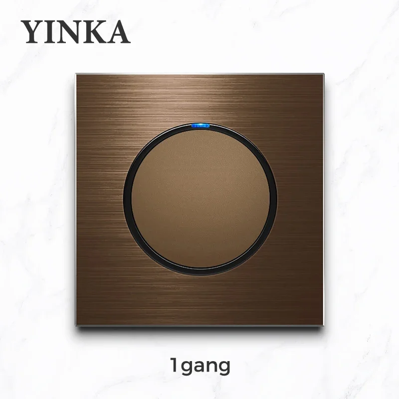 YINKA Switch Socket Aluminum Brushed Brown Panel With LED Indicator EU Socket Switch Panel Electric Light Switch AC110-250V NET