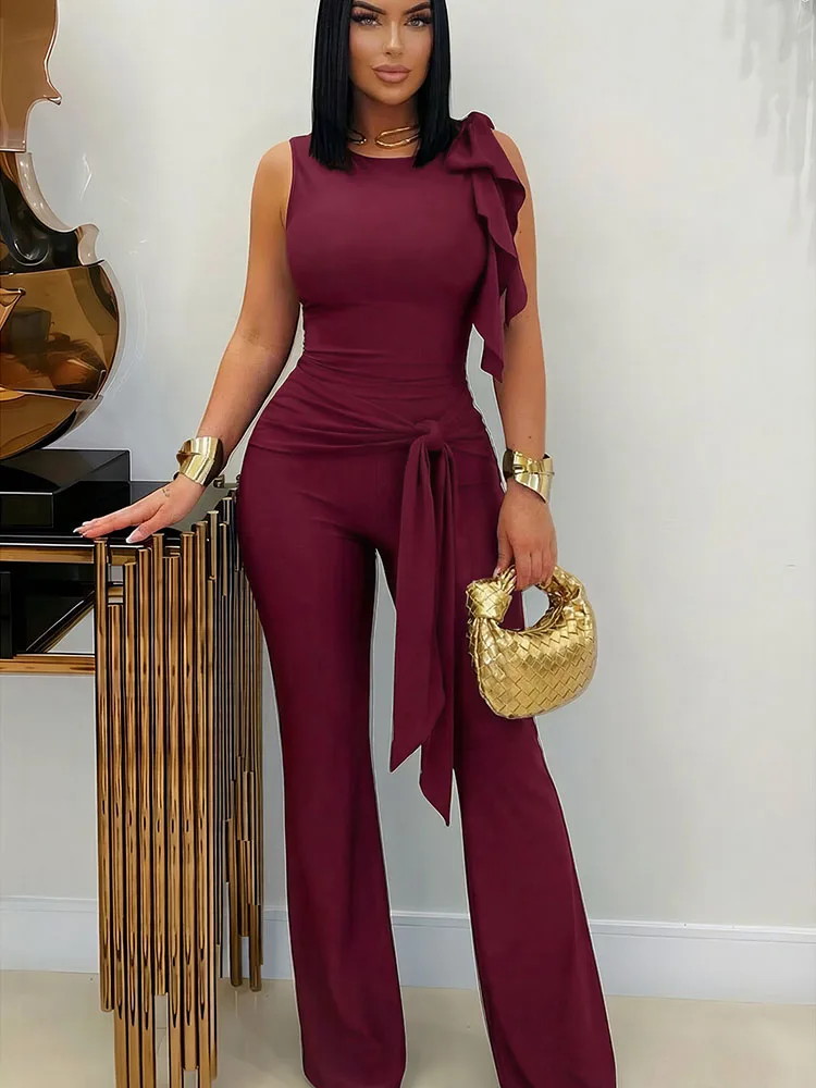 

Doyerl Elegant Solid Jumpsuits for Woman High Quality O-neck Sleeveless Ruffles Lace-up Skinny Bodycon Romper Combinaison Femme