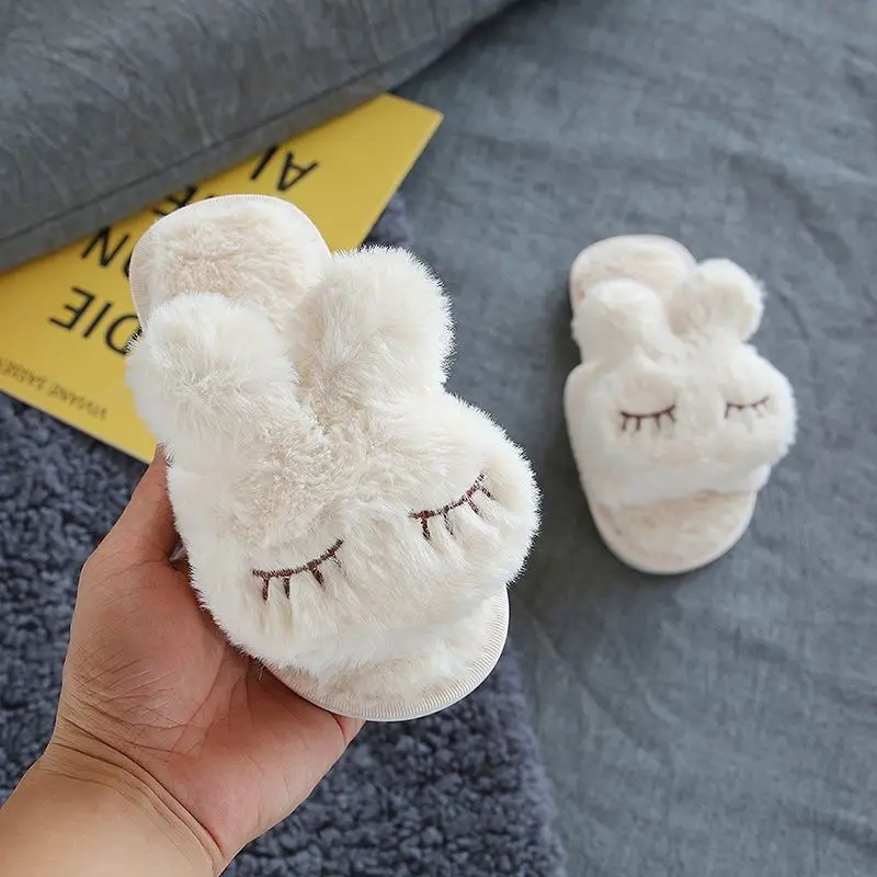 Super Soft Kids Girls Winter Slippers Furry Plush Indoor Anti Slip Cartoon Rabbit Slippers for Children Warm Cotton House Shoes