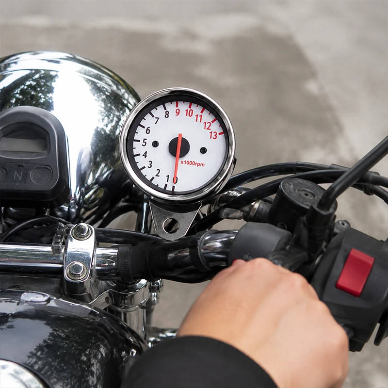 White Dial Motorcycle Tachometer 13000RPM Inductive Pointer Gauge Halogen Backlight Speed Meter