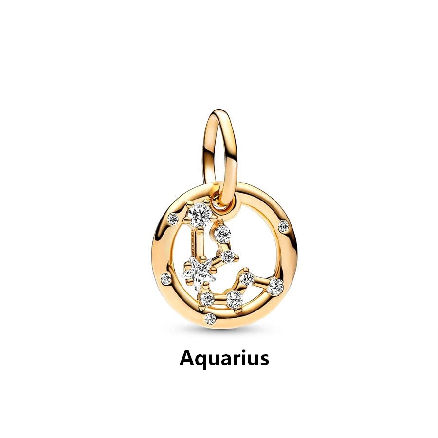 Hot Fine Gold Plated 12 Zodiac Signs Dangle Charm Bead Fit Original 925 Sterling Silver Bracelet Necklace DIY Women Jewelry Gift