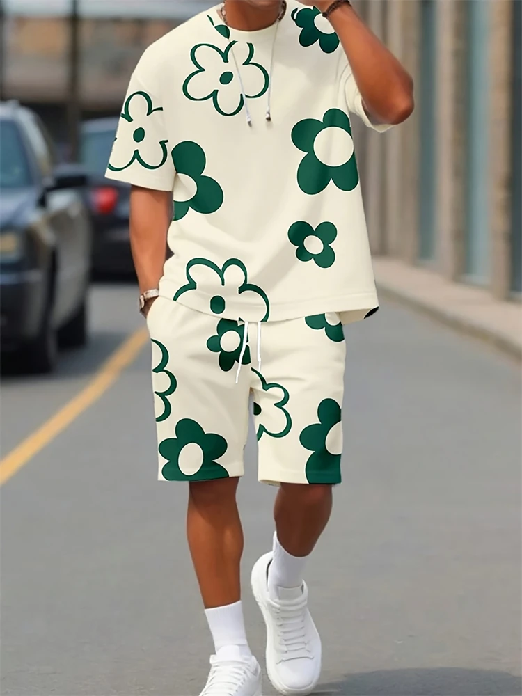 New Men's Black and White Floral Print T-Shirt and Shorts Set Round-neck Short-sleeve Top Paired with Elastic-waist Shorts Set