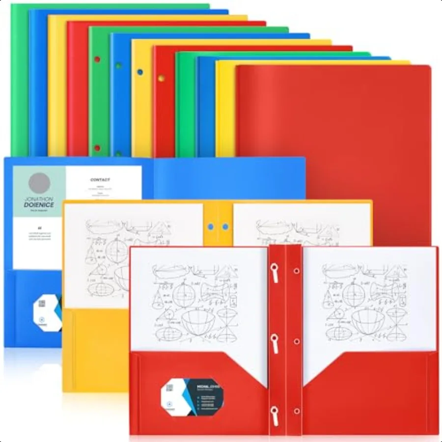 

12 Plastic Folders with Pockets Two Pocket Folder Fit Letter Size Folders with 3 Prongs and 3 Hole Punch Pocket Portfolios Heav