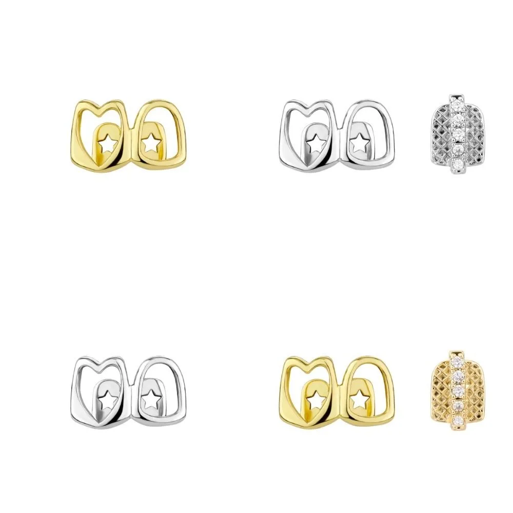 1/2pcs Hip Hop Hollow Heart Tooth Grillz Gold Color Rhinestone Dental Grills Zircon Tooth Caps Wearable Tooth Jewelry Daily