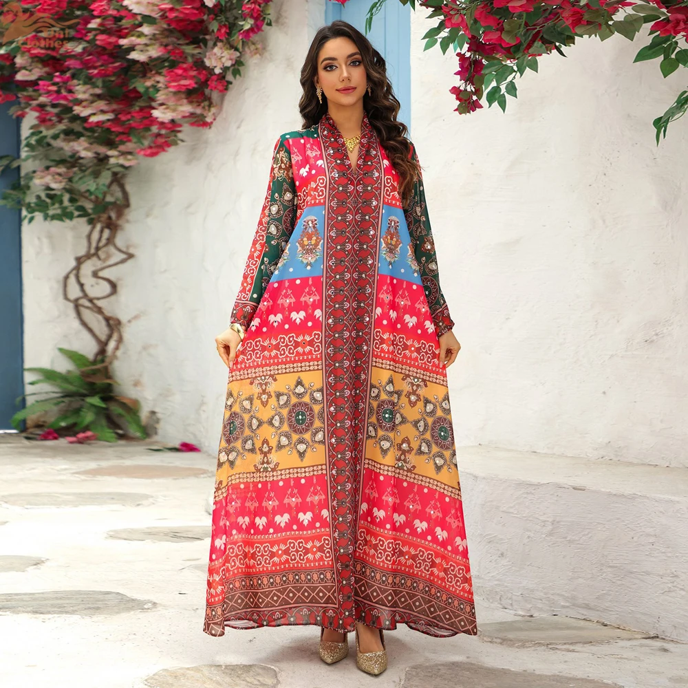 

2025 New Printed Fashion Muslim Dress for Women Morocco Long Dress Kaftan Dubai Abaya Eid Ramadan Robe Jalabiya