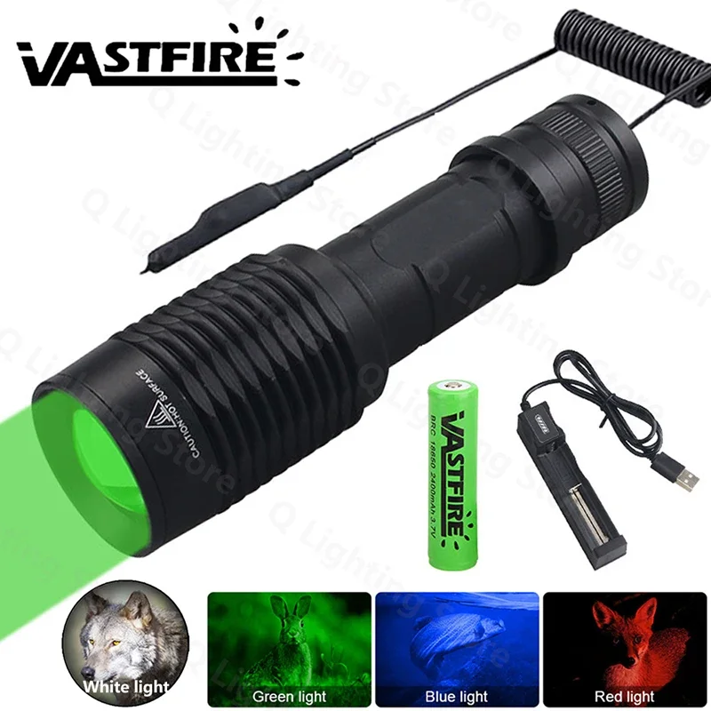 LED Tactical Hunting Flashlight Zoom Green/Red/Blue/White Torch Waterproof Outdoor Lighting with Switch USB Rechargeable Lamp