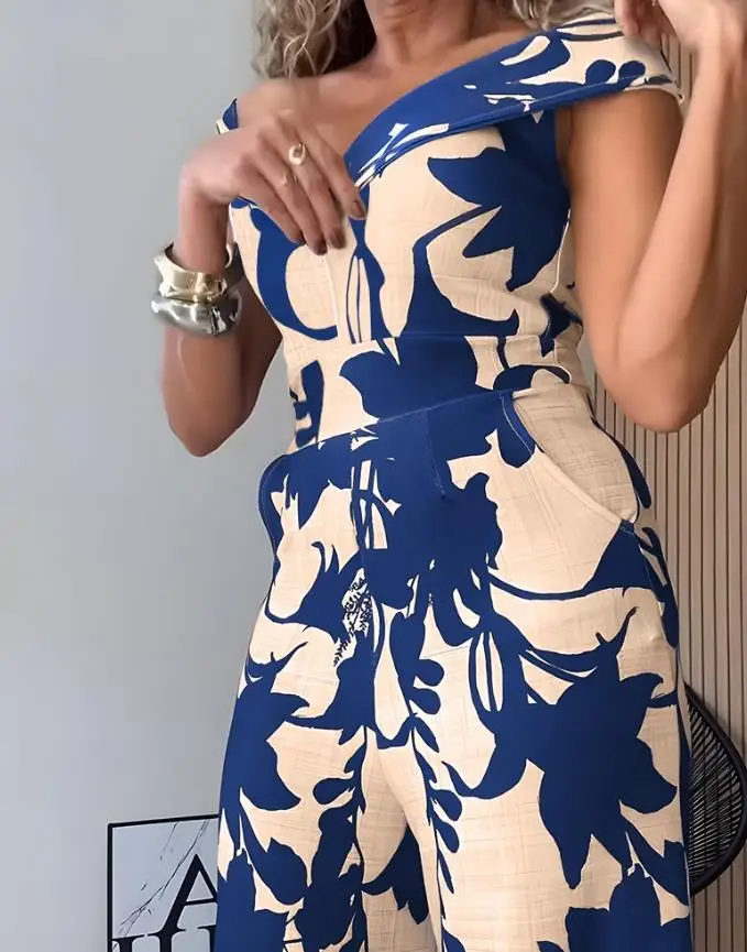 Women's Floral Print Plunge Casual Jumpsuit with Pocket Female One Shoulder Wear Summer New Woman Fashion Daily Long Jumpsuits