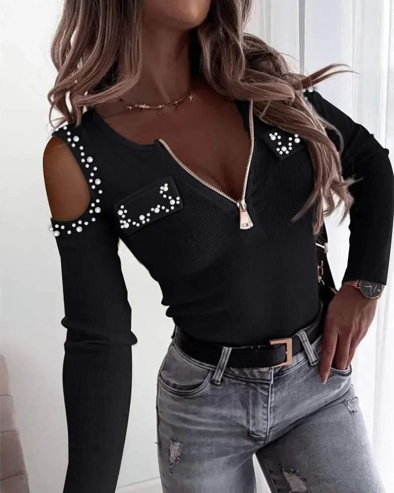 Woman Blouse Streetwear Spring 2024 New Long Sleeved V-Neck Off Shoulder Tops Fashion Casual Daily T-shirt Female's Pullover Tee - Image 4