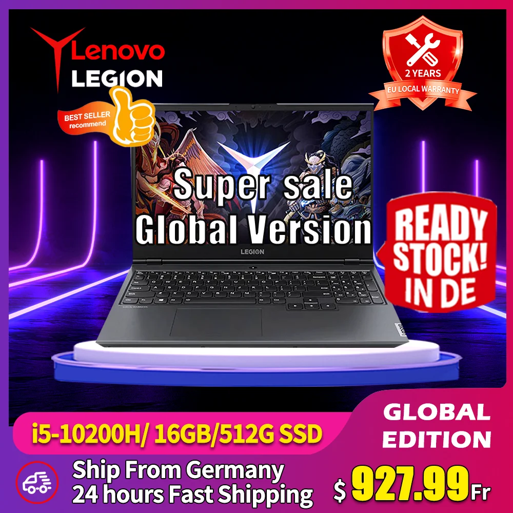 【تخفيضات كبيرة】كمبيوتر محمول للألعاب Lenovo Legion Y7000 Intel Core i5-10200H 16GB 512GB SSD GeForce GTX 1650Ti بشاشة 15.6 بوصة