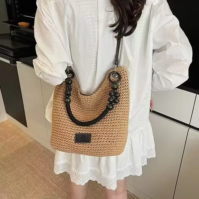 2025 New Summer Woven Shoulder Tote Bag for Women Casual Large Capacity Portable Beach Messenger Bag Fashionable Handbag