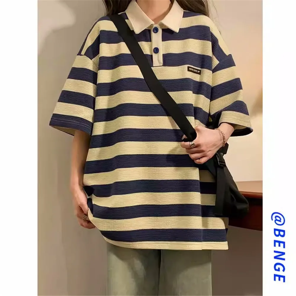 Y2KtrendWomen'S Striped  Neck Half Short Sleeve Casual Commuter Top, Loose Fitting, Spring And Summer Fash