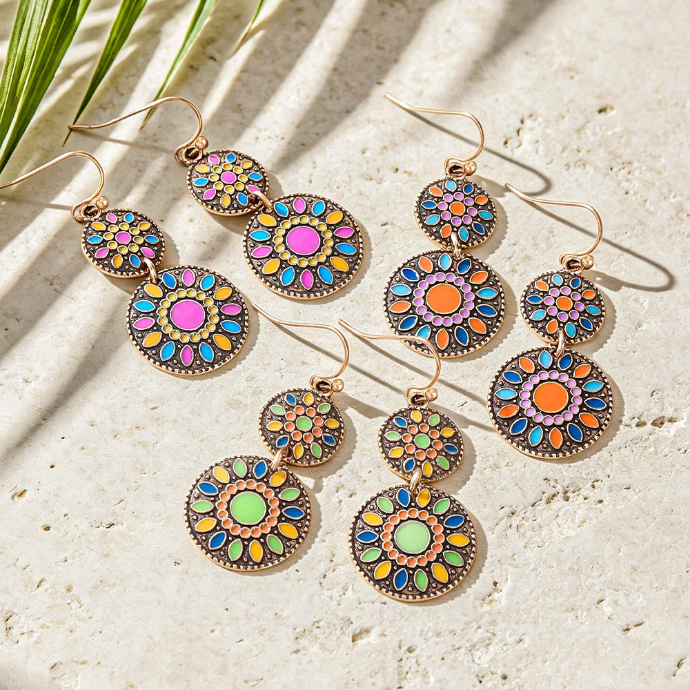 Bohemian Enamel Flower Round Dangle Earrings for Women Vintage Elegant Personality Simple Charm Earrings Female Daily Jewelry