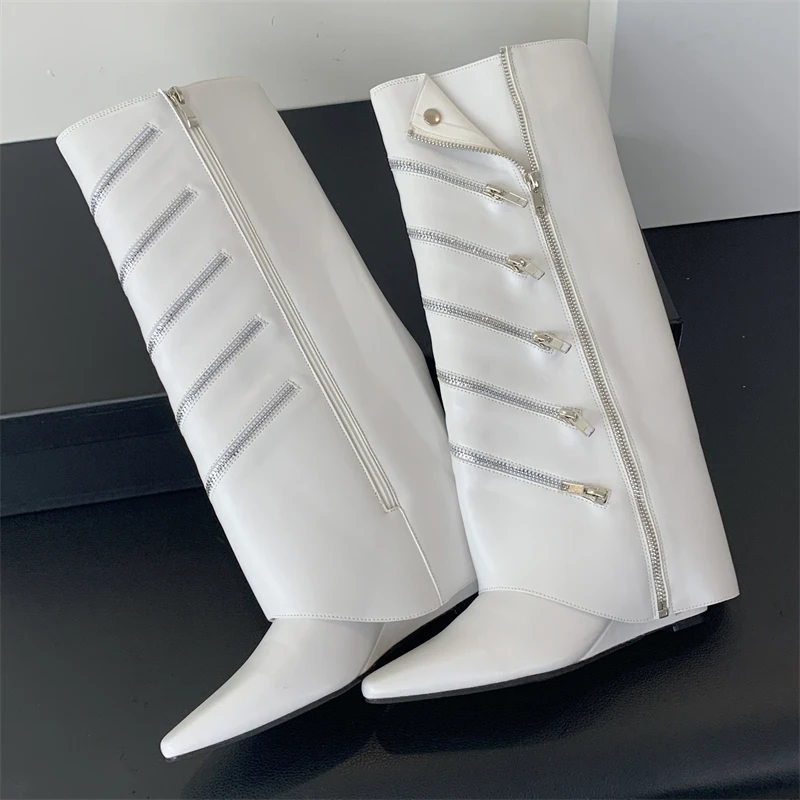 

Autumn Winter Fashion Zipper Women Knee High Boots Pointed Toe Wedges Heels White Long Shoes Designer Botas De Mujer