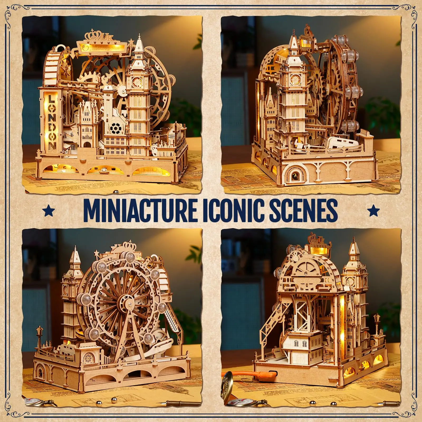 ตัวต่อไม้ 3 มิติ ร็อคเกอร์ มาร์เบิล ทราเวล ลอนดอน มาร์เบิล รัน ของขวัญแบบอินเทอร์แอคทีฟสำหรับเด็กและผู้ใหญ่ งานฝีมือที่ท้าทายสำหรับผู้ที่ชื่นชอบงานประดิษฐ์