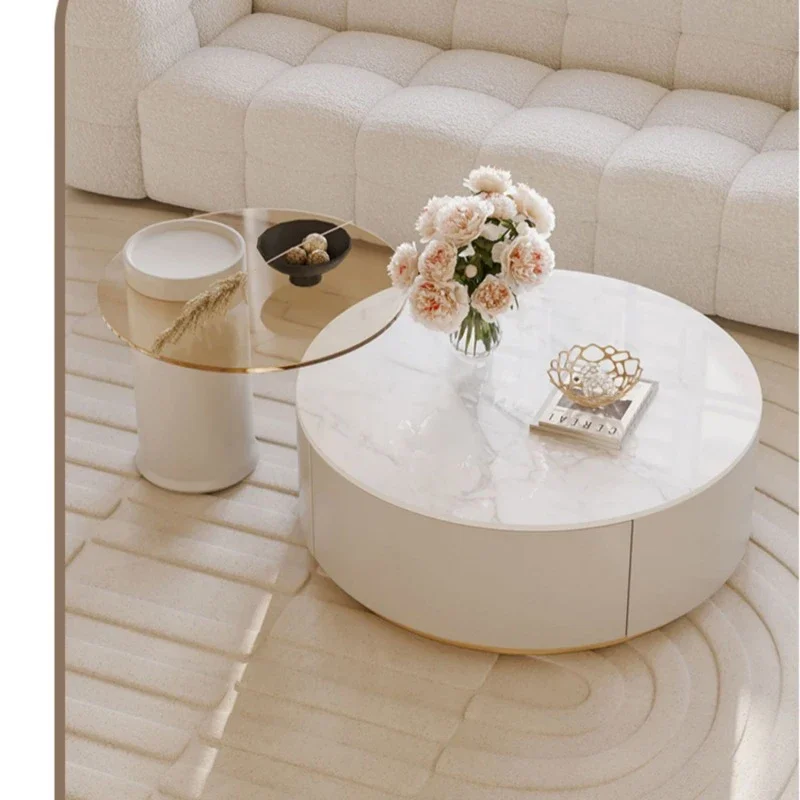 

Cream Style Round Rock Slab Coffee Table Living Room Luxury Minimalist Tempered Glass Tea Table Stolik Kawowy Home Furniture