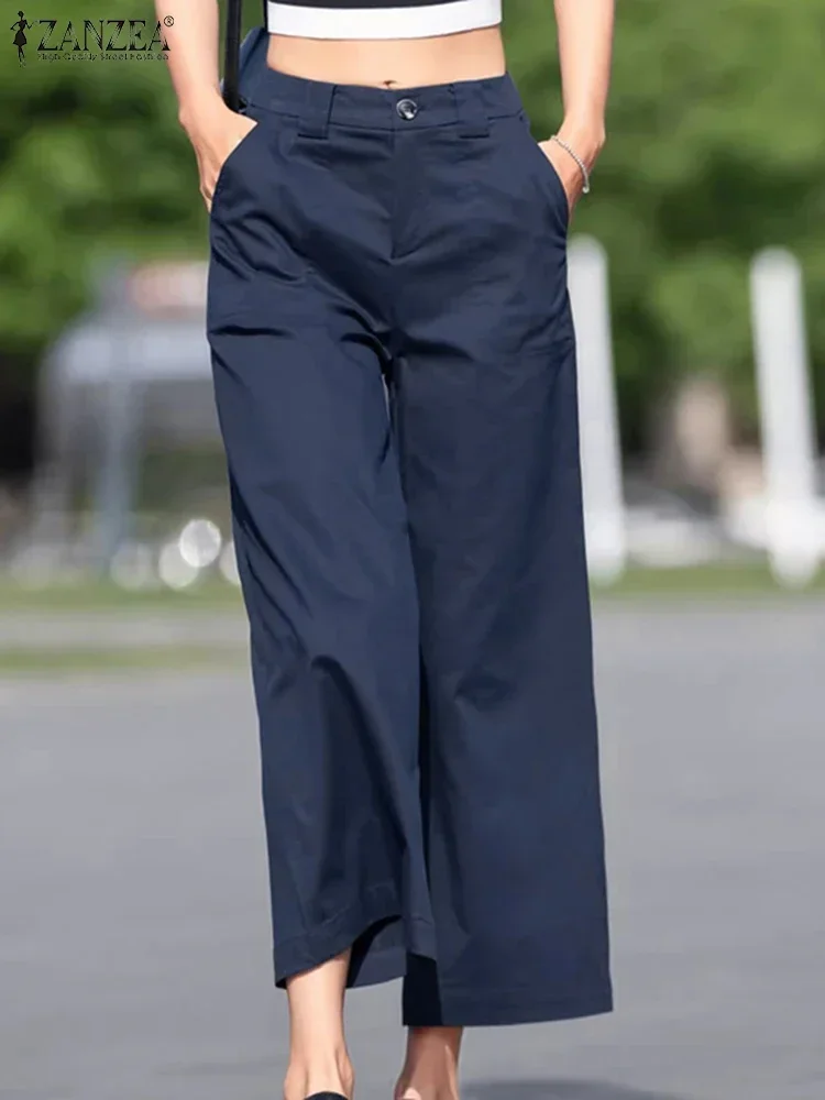 

ZANZEA Vintage Women High Waist Long Pants 2025 Summer Casual Wide Leg Trousers Solid Loose Pantalons Holiday Pockets Pants
