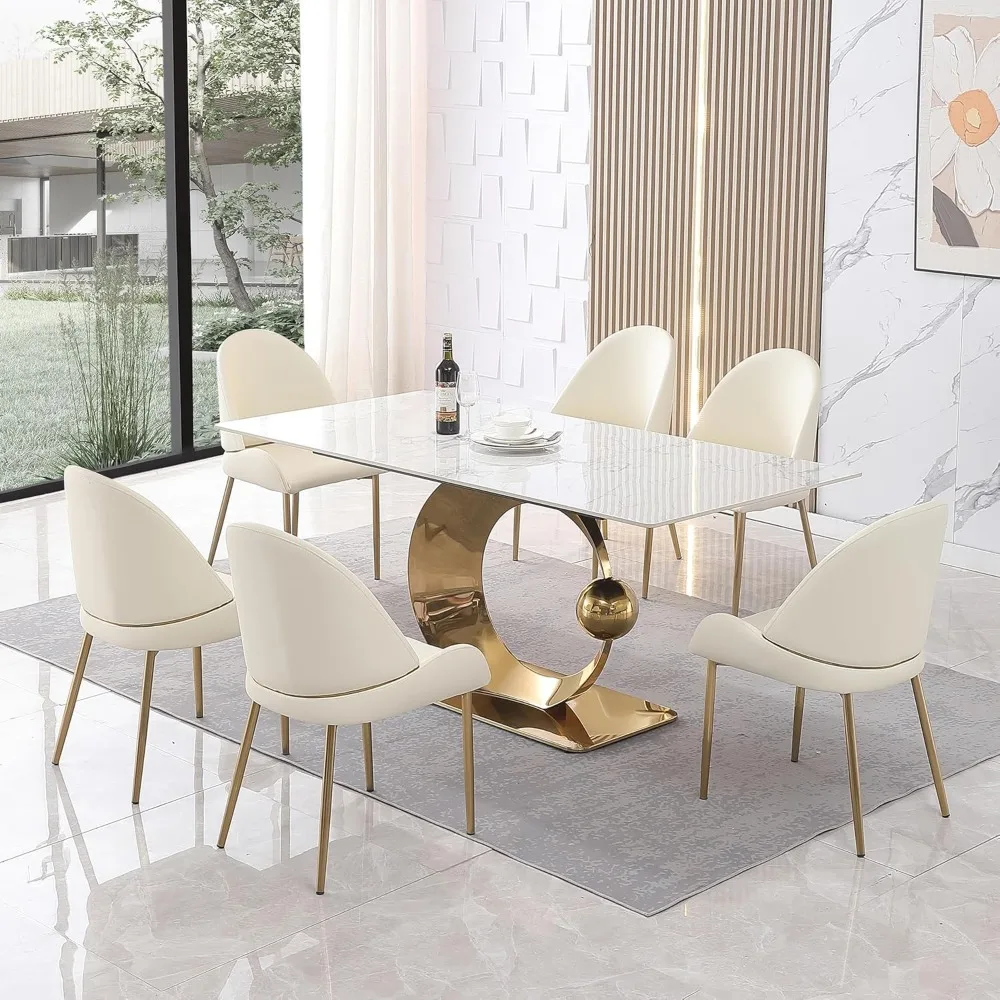 7 Piece Dining Room Set,71“ Sintered Stone Dining Table Set for 6,Modern Kitchen Table and Chairs Set,White Marble Dining Table