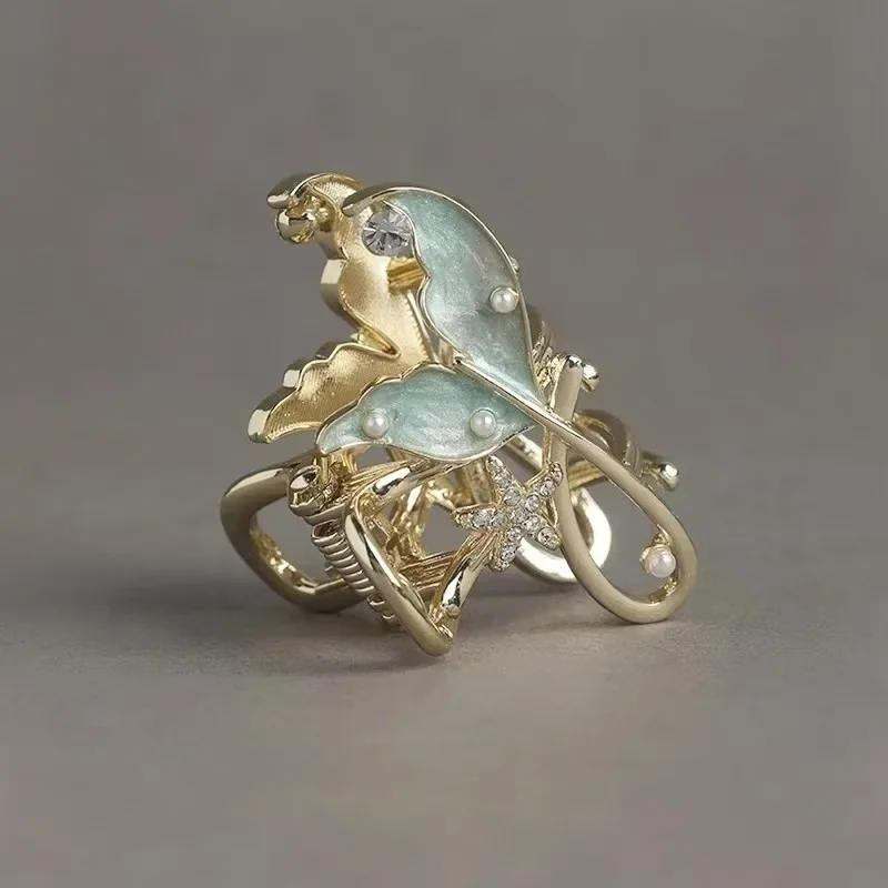 프렌치 스타일 진주 물고기 꼬리 헤어 클로 고급 여성용 뒷머리 반묶음 헤어 그립 정교한 헤어 클립 헤어 액세서리