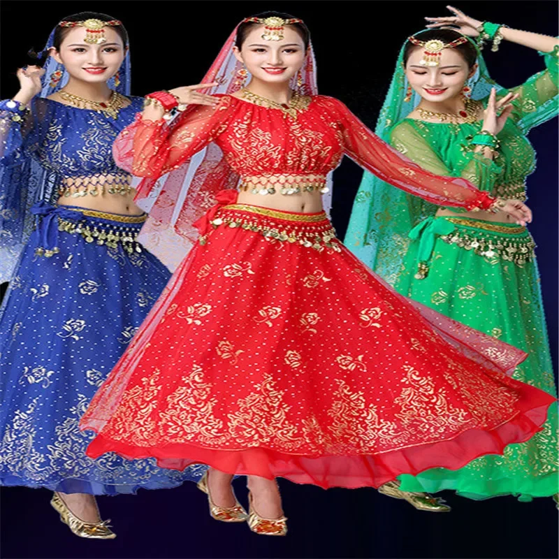 New Indian Bollywood Belly Dance Costume Set Sari Bollywood Outfit Egypt Belly Dance Stage Performance Chiffon Dance Sequins Set