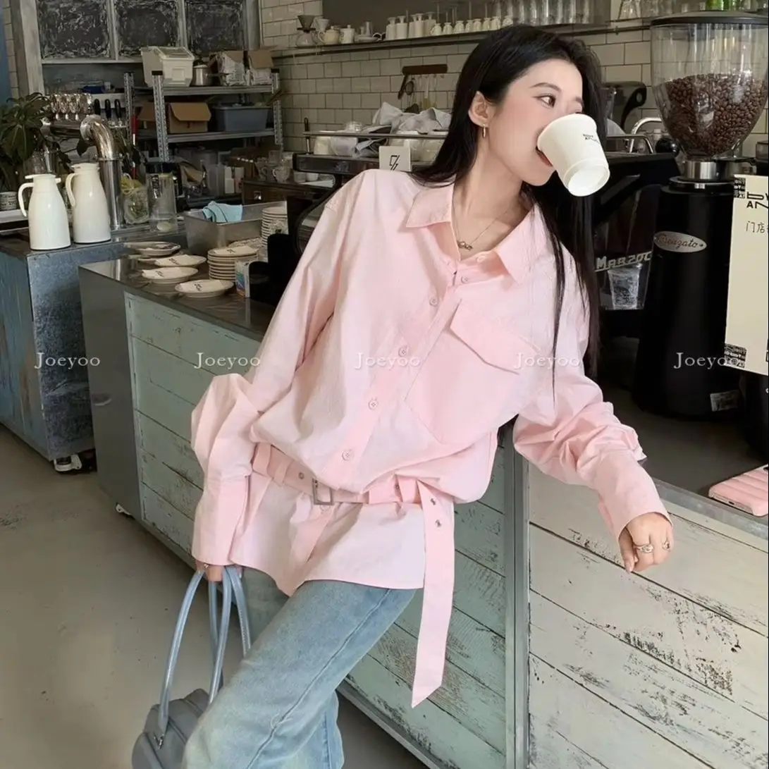 

Kimotimo Autumn Pink Long Sleeve Shirt Women Korean Chic Belt Waist Single Breasted Loose Tops Casual Fashion Lapel Chic Blouse