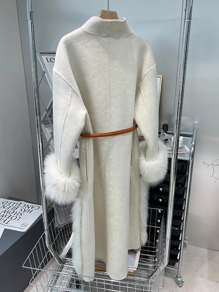 2024 New Winter Real Natural Fox Fur Coat Ladies Outwear Female Coat Cashmere Wool Woolen Women Luxury Jacket