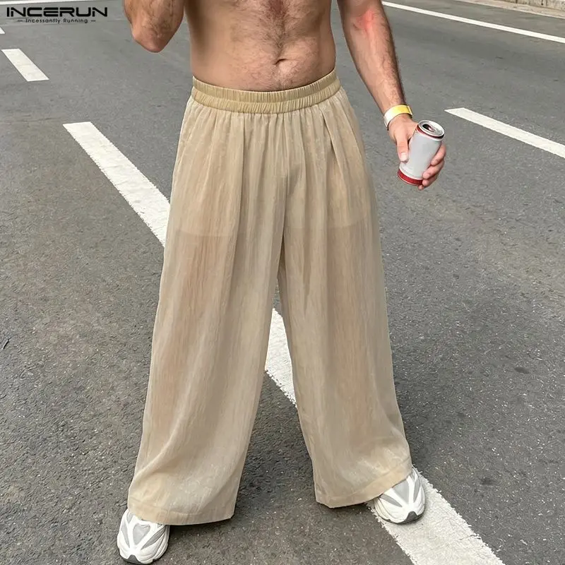 INCERUN Men's Pants Solid See Through Elastic Waist Joggers Casual Trousers For Man Vacation Streetwear Loose Pants Pantalones