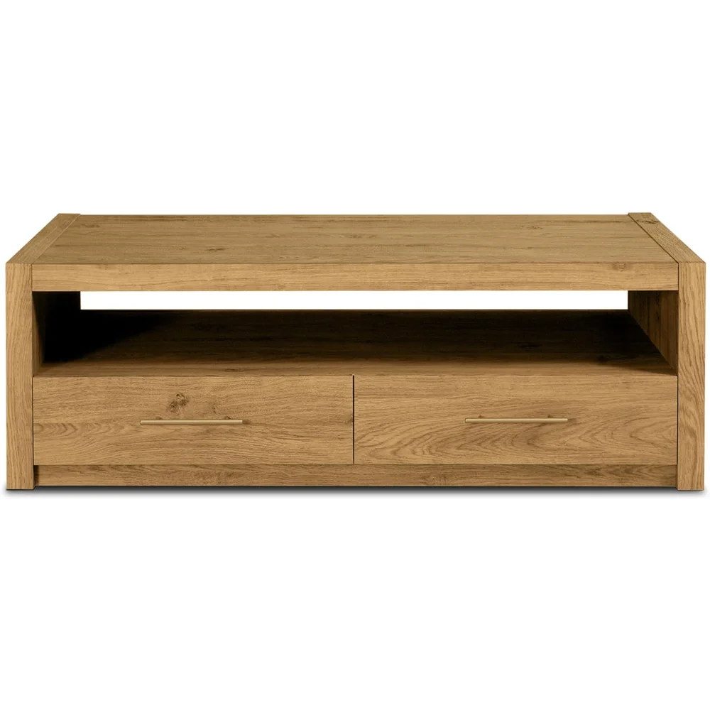51" Oak Wood Coffee Table with 2 Soft-Close Drawers and Open Shelf Storage, Rustic Finish