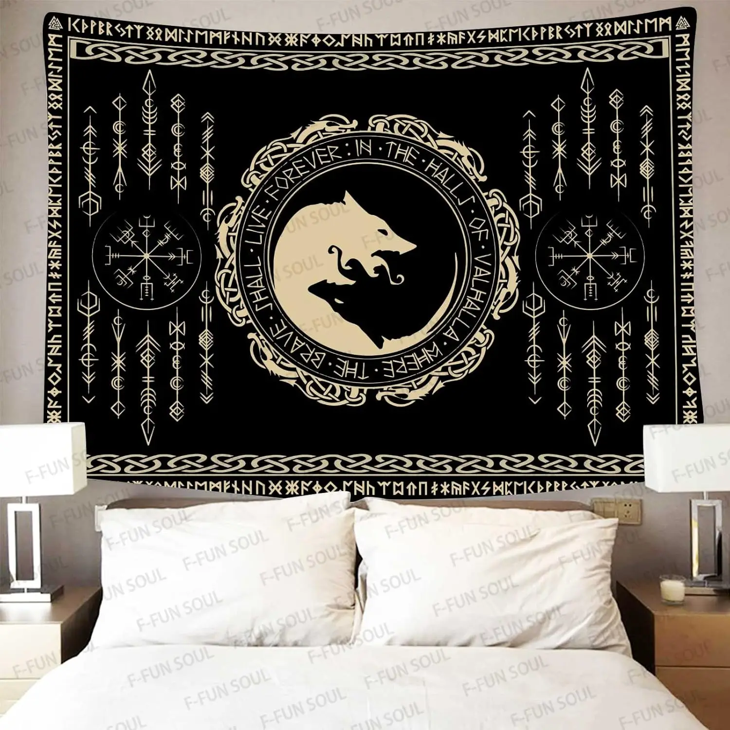 Nordic Vikings Tapestry,Viking Violence Wolf Celtic Rune Scandinavian Aesthetic Mythology Tapestry Wall Hanging for Bedroom