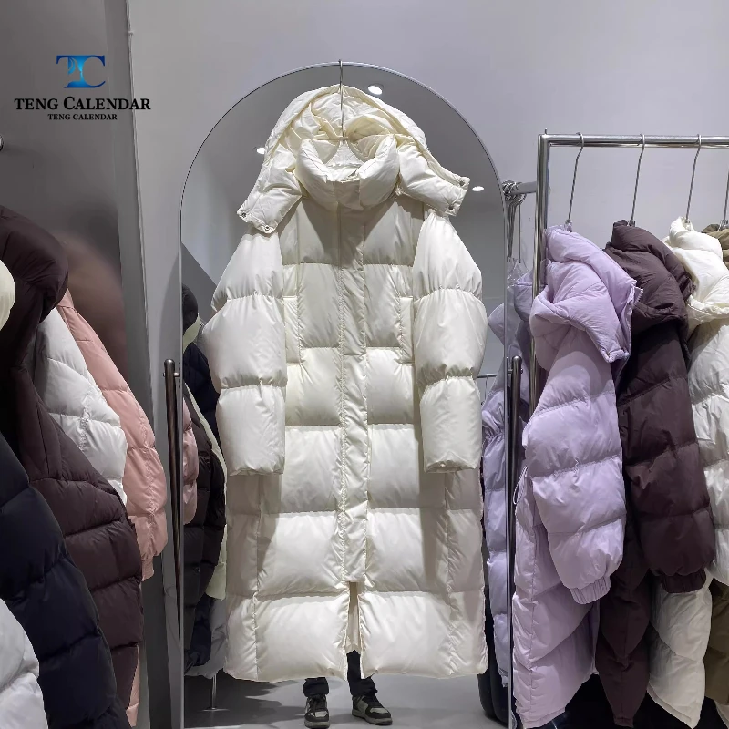 取り外し可能なフード付きダウンジャケット、膝丈まで伸びるゆったりとしたオーバーサイズコート、レディース2025年冬新作