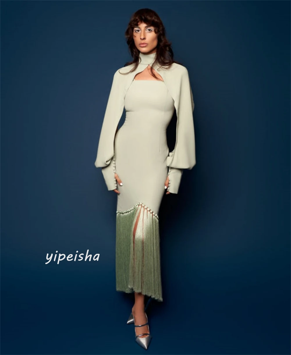 Jiayigong Jersey Ruched Button Tassel Formal Evening A-line High Collar Bespoke Occasion Gown Midi Dresses Saudi Arabia