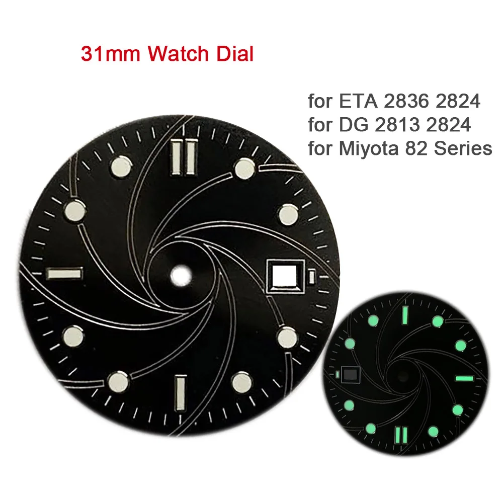 New 31mm Watch Dial for ETA 2836 2824 Movement Green Luminous Watch Face for DG 2813 2824 Miyota 8200 82 Series