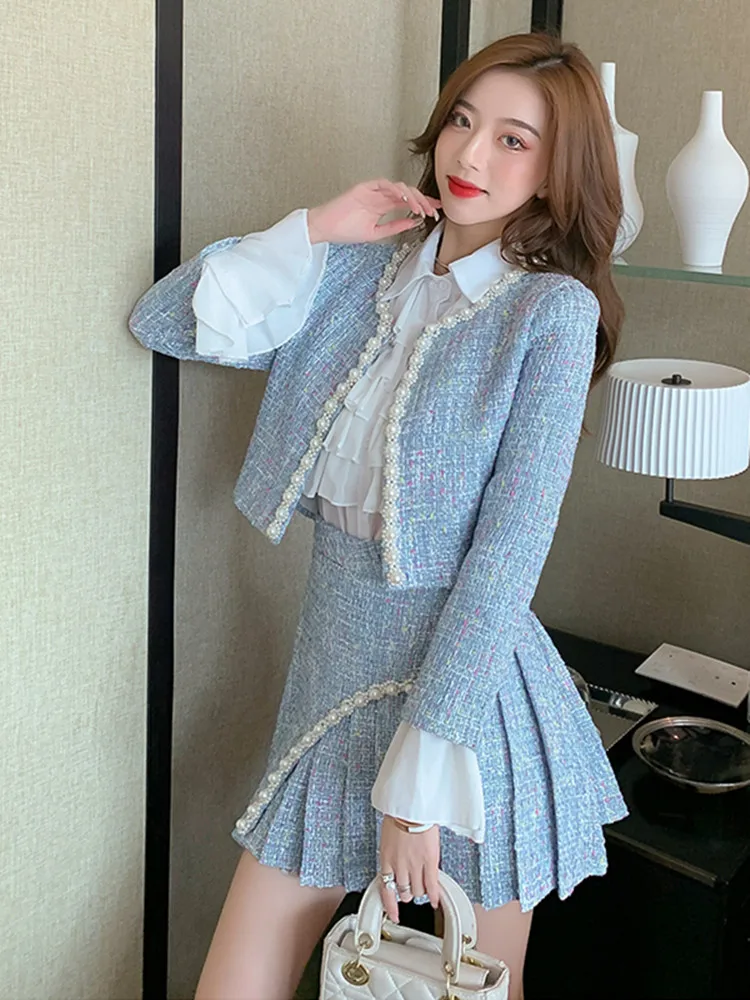 New Blue Tweed Two Piece set Women Short Beaded Jacket + Pleated A-line Skirt Set Casual Chiffon Shirt Plaid Woolen 3 Piece Sets