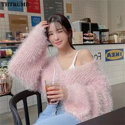 Seksowne swetry damskie z dzianiny z dekoltem w serek Moda Jesień Zima Ciepły sweter jednorzędowy Crop Tops Casual Solid Korean Fleece Cardigans