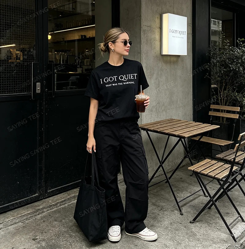 I Got Quiet That Was The Warning Lustiges Sarkastisches Stimmungs-T-Shirt Y2k Personalisierte Buchstaben Bedrucktes Spruch-T-Shirt Damen Herren Streetwear – Detail 3