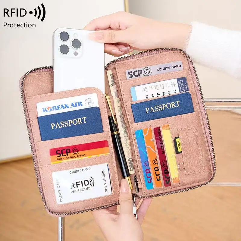 Nuovo portafoglio da viaggio Porta passaporto portatile per uomo e donna Borse per telefono con cerniera per biglietti di credito multifunzionali in pelle PU
