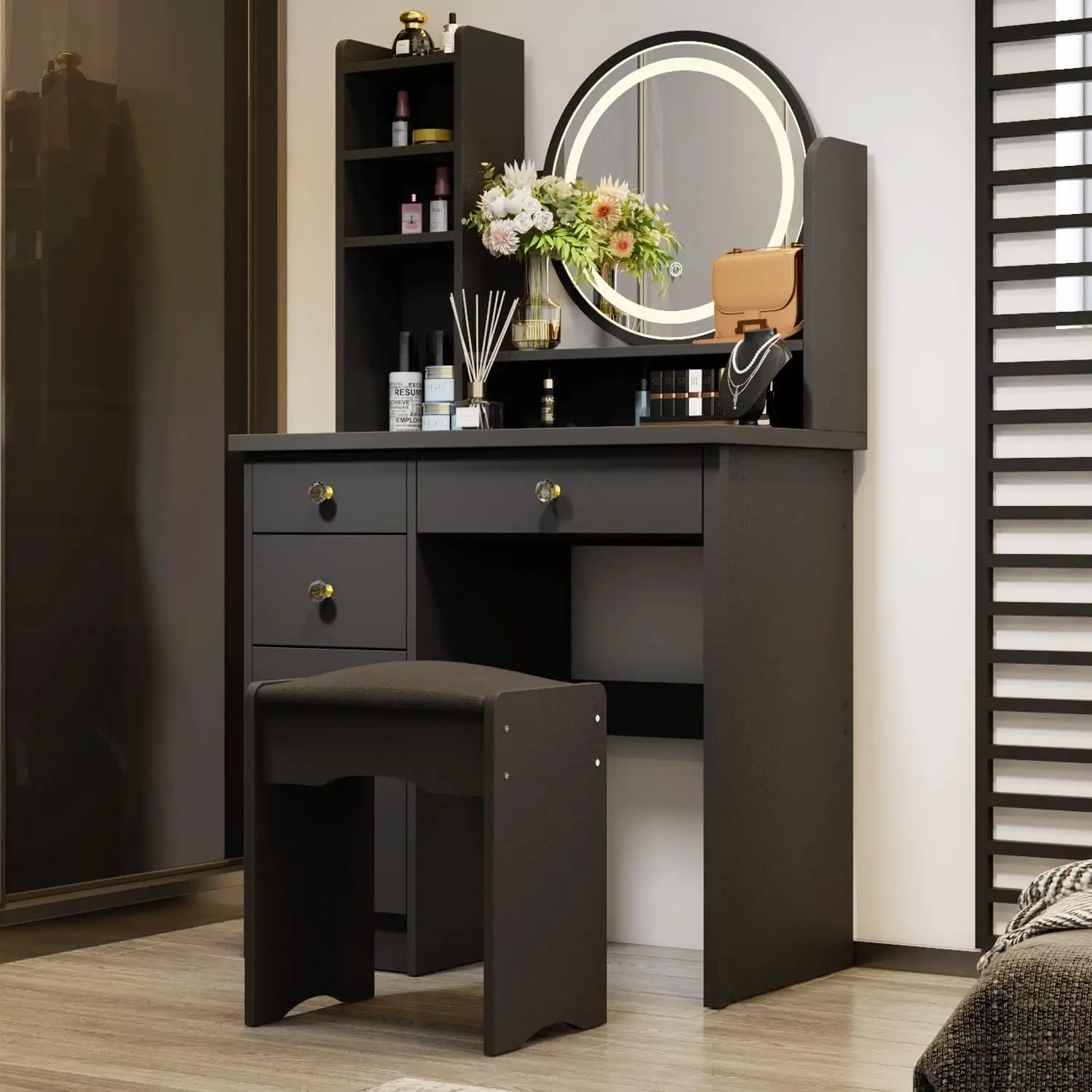 Vanity Desk Set LED Illuminated Round Mirror Makeup Dressing Table 5 Drawers Storage Shelves Cushioned Stool Bedroom Black