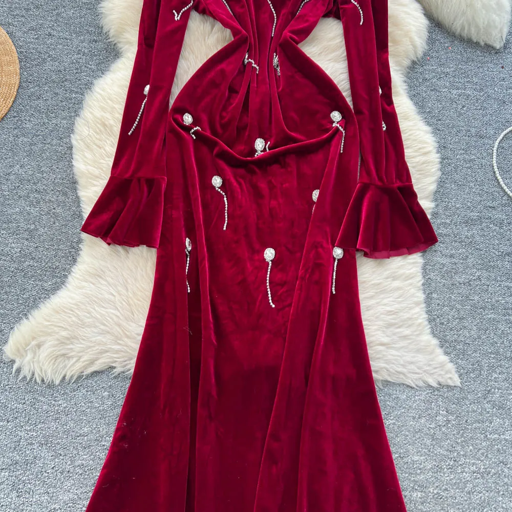 vintage elegante vierkante hals flare mouw velours jurk vestidos damesmode retro feestceremonie jurken