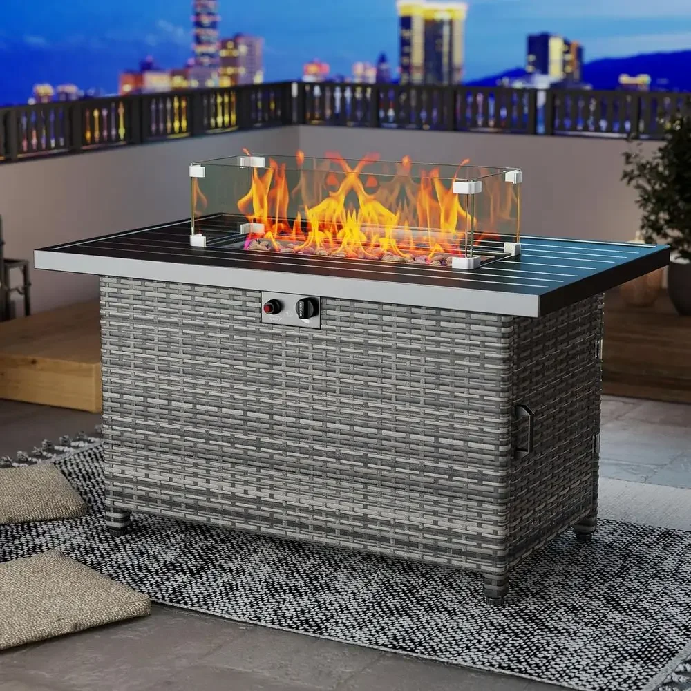 44 Propane Fire Pit Table with Glass Wind Guard and Lid for Outdoor Patio and Garden in Grey