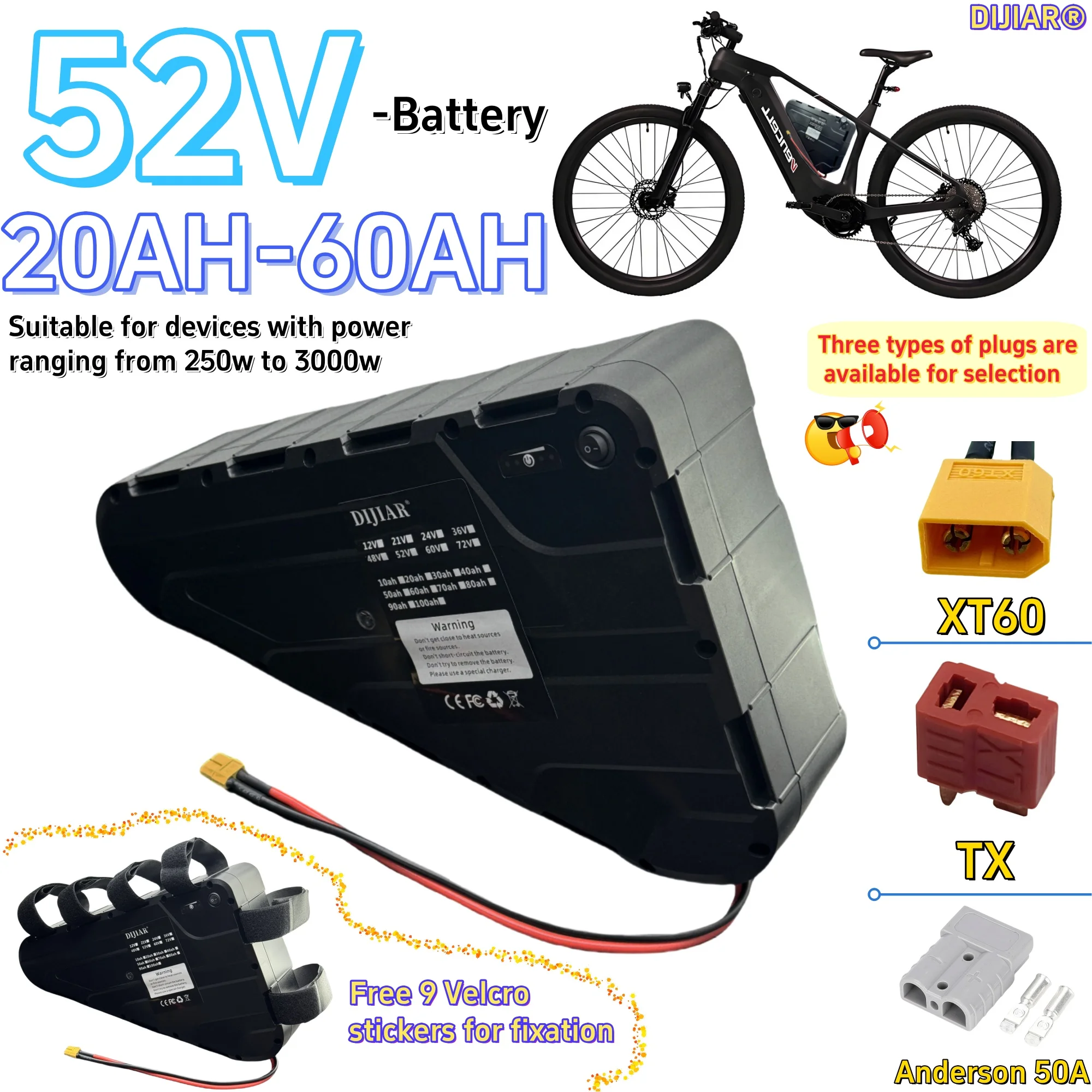 

DIJIAR Triangle Battery 52V20AH-60AH Large Capacity, Built in BMS Protection, Air Transport, Application 500W-2000W