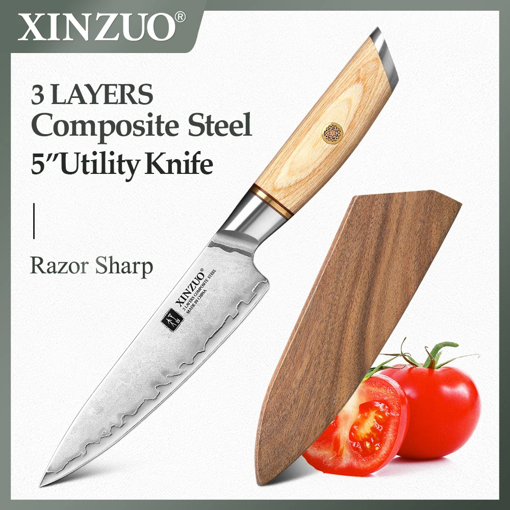 

XINZUO 5" Japanese Utility Knife 10Cr15CoMoV Core Stainless Steel Kitchen Knife Pakka Wooden Handle And Copper Flower Rivets